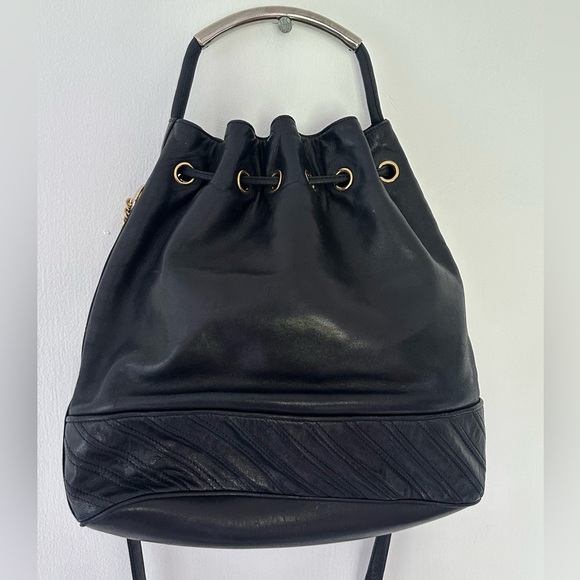 Vintage ITALIAN SISO Black Leather Bucket Bag Purse - Picture 5 of 10